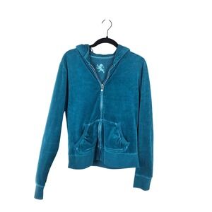 Y2K Express Velour Hoodie Teal Zip Up Full Length Sleeve‎ Size M Preppy Casual
